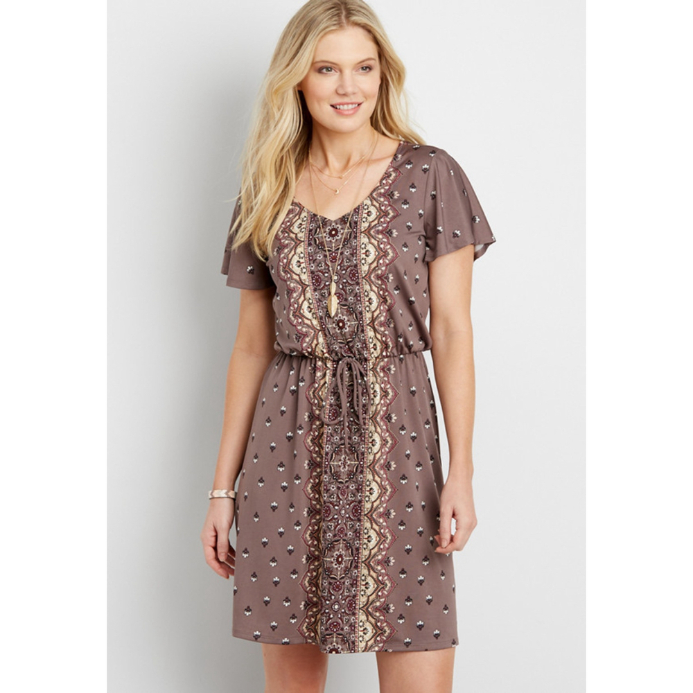 maurices Taupe Multi Patterned Dress w/Cross back Spring Summer Floral